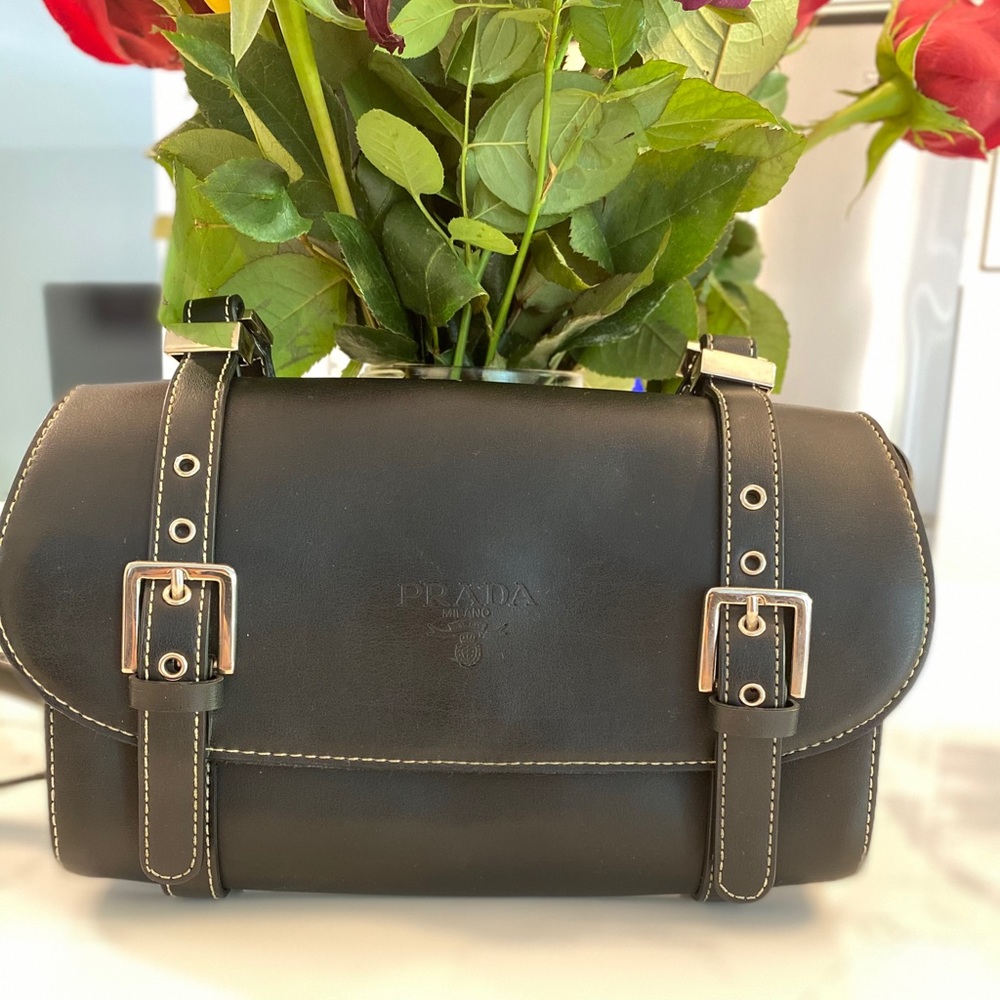 Vintage Prada Black Leather Buckle Crossbody - Picture 2 of 5
